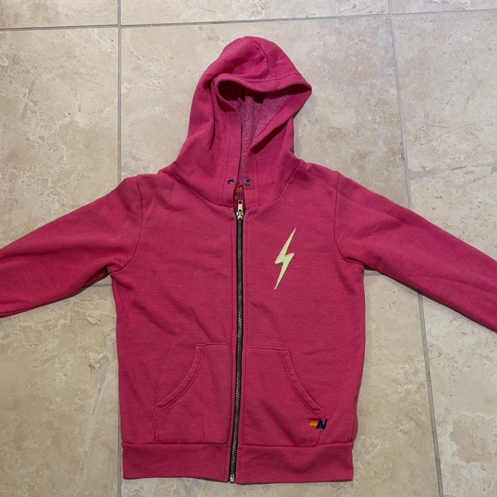 Girls Aviator Nation Pink Zip-Up Hoodie with Lightning Bolt. Size 8.